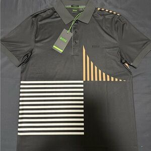 BOSS Hugo Boss Paddytech Men’s Polo Shirt Black with Tan and White Stripes